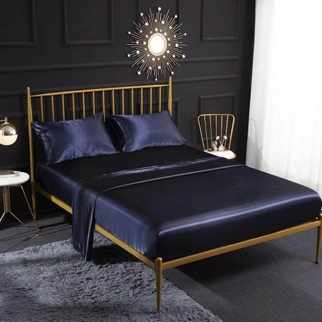 Ice Silk Bedding Set Full/Queen Size For Everyday Comfort - navy silk satin sheets on gold bed in modern bedroom