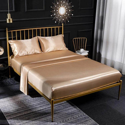 Ice Silk Bedding Set Full/Queen Size For Everyday Comfort gold satin silk-look bed set styled in modern bedroom