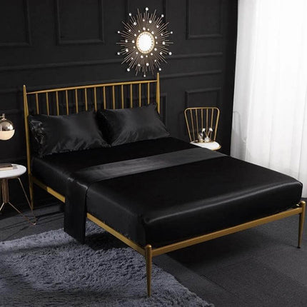 Home Silk-Like Bedding Set, 4-Piece US King Size Bed black silk-like quilted set on gold frame in modern master bedroom