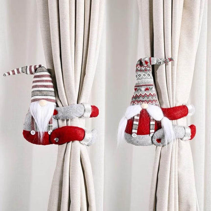 Christmas Curtain Buckle With Striped Hat, 38x26 Cm - pair of red and grey gnome curtain tiebacks holding beige curtains