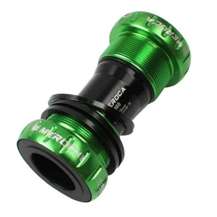 Meroca 24mm Hollow Mountain Bike Bottom Bracket Axle For Shimano in green anodized aluminum alloy with steel bearings, 68–73mm fit