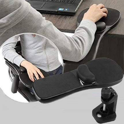 Versatile Mouse Tray with Wrist Support for Desk and Chair showing ergonomic armrest mounted on desk and chair
