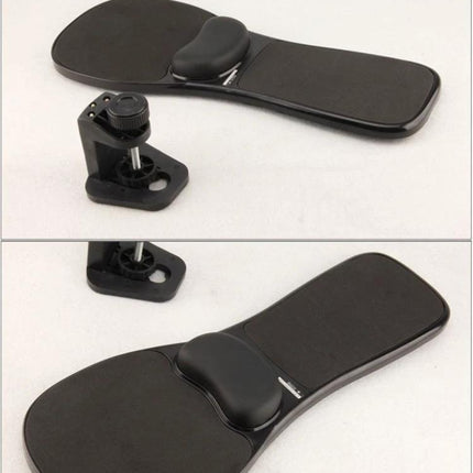 Versatile Mouse Tray with Wrist Support for Desk and Chair showing black ergonomic tray with wrist pad and clamp for desk or chair mounting