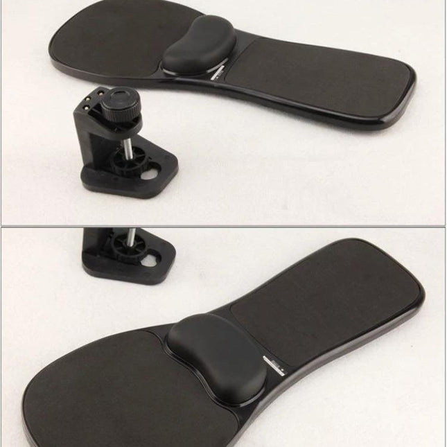 Versatile Mouse Tray with Wrist Support for Desk and Chair showing black ergonomic tray with wrist pad and clamp for desk or chair mounting