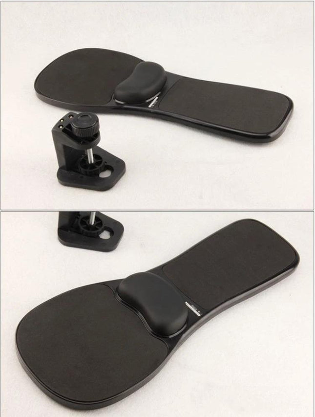 Versatile Mouse Tray with Wrist Support for Desk and Chair showing black ergonomic tray with wrist pad and clamp for desk or chair mounting