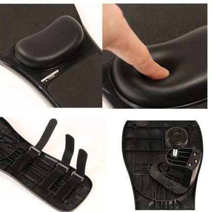 Versatile Mouse Tray with Wrist Support for Desk and Chair, black ergonomic tray showing cushion, straps and mounting hardware