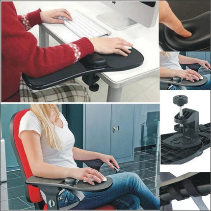 Versatile Mouse Tray with Wrist Support for Desk and Chair mounted on desk and chair providing ergonomic wrist support and stable mouse surface