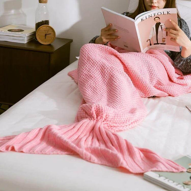 Mermaid Tail Blanket For Adults Soft Knitted Throw — pink acrylic knit mermaid tail blanket on bed for cozy movie nights and travel
