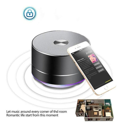 LENRUE Portable Bluetooth Speaker With Blue Ambient Light compact 3W speaker with phone showing music playback and blue glow