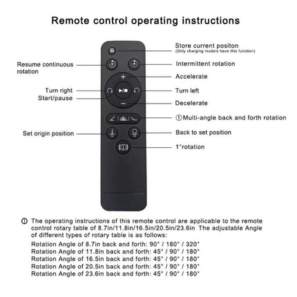 Remote Control Electric Turntable for Product Display, 30cm remote control diagram showing labeled buttons and rotation instructions