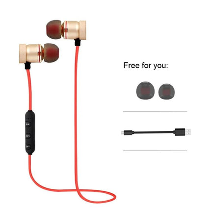 MoreBlue Neckband Wireless Earphones For Commuting And Calls in red with magnetic earbuds, inline controls and USB charging cable
