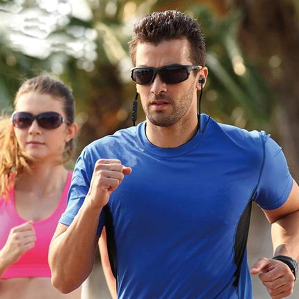 MoreBlue Neckband Wireless Earphones For Commuting And Calls showing man jogging with magnetic earbuds and neckband controls