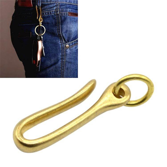 Retro Solid Brass Key Chain U Hook With Copper Ring attached to jeans pocket, vintage brass hook and copper ring for keys