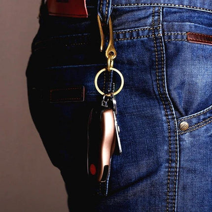 Retro Solid Brass Key Chain U Hook With Copper Ring hanging from jean belt loop, solid brass U hook and copper ring holding car key