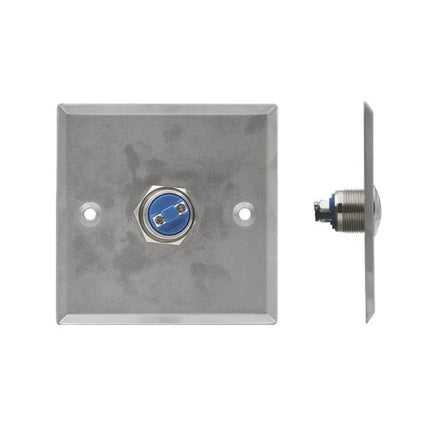 Stainless Steel Exit Button for Secure Door Access Control mounted on square stainless plate, durable construction for office and building security