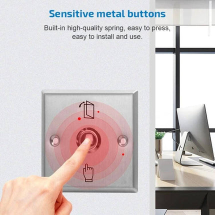 Stainless Steel Exit Button for Secure Door Access Control - stainless metal push button in office setup for reliable controlled exits