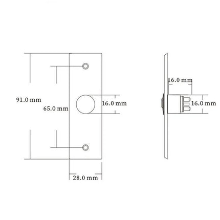 Stainless Steel Electronic Access Control Switch for Doors technical diagram with measurements showing 91mm, 65mm, 28mm and 16mm dimensions