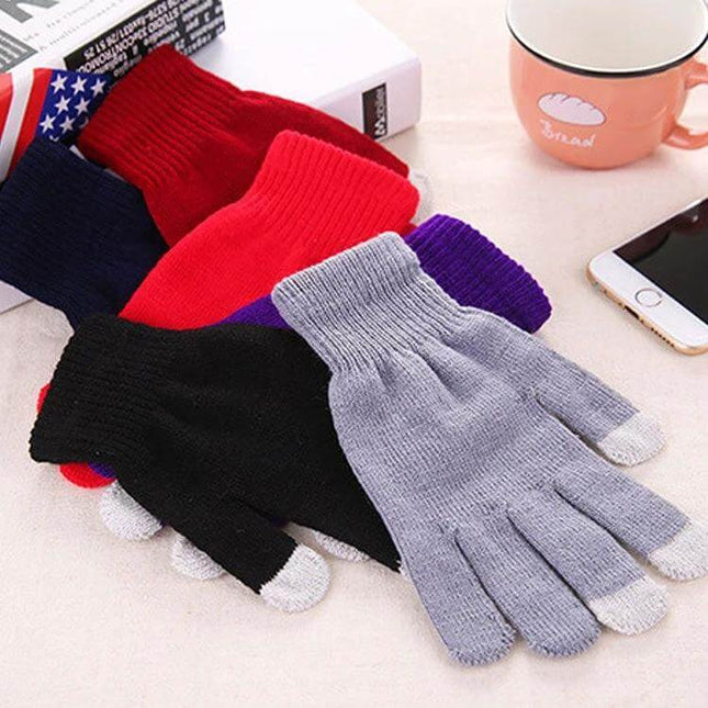 Winter Touch Screen Gloves Unisex Everyday Warm Mittens - assorted knit touchscreen gloves for adults in grey black red purple, cup and phone shown
