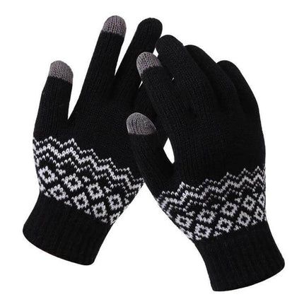 Winter Touch Screen Gloves Unisex Everyday Warm Mittens - black knit touchscreen adult gloves with Nordic pattern