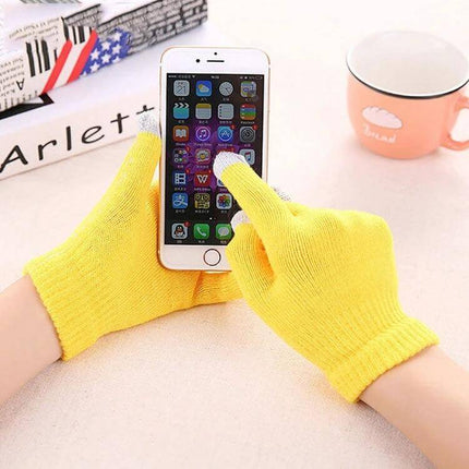 Winter Touch Screen Gloves Unisex Everyday Warm Mittens - yellow touchscreen knit gloves on hands using smartphone, adult size shown, flexible warm fiber