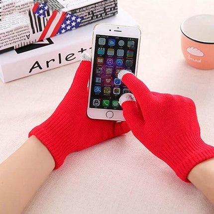Winter Touch Screen Gloves Unisex Everyday Warm Mittens - red touchscreen knit gloves using smartphone, adult size, mix fiber warmth and flexibility