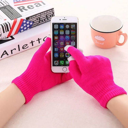 Winter Touch Screen Gloves Unisex Everyday Warm Mittens - bright pink touchscreen adult gloves shown using smartphone, knit mix-fiber warmth, everyday commute use