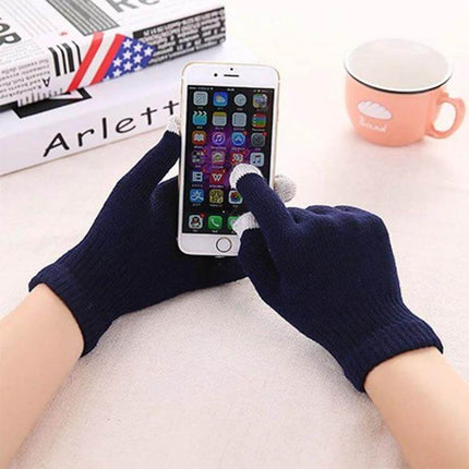 Winter Touch Screen Gloves Unisex Everyday Warm Mittens shown in navy knit using touchscreen on smartphone, adult fit, quality mix fiber, commute and office use
