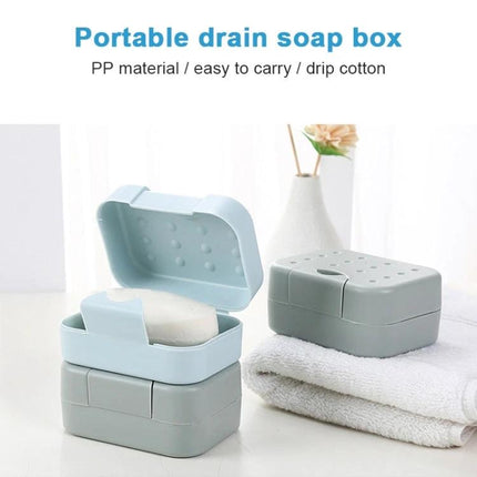 A Compact Soap Box for Travel and Everyday Storage at Home in light blue plastic, portable drain soap case shown open with soap and closed on towel