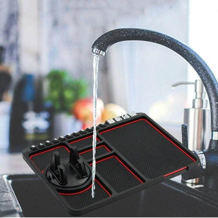 Car Interior Phone Holder Pad, Anti Slip Organizer For Center Console — black PVC anti-slip pad for phone, cables and small items, 25.6x18 cm