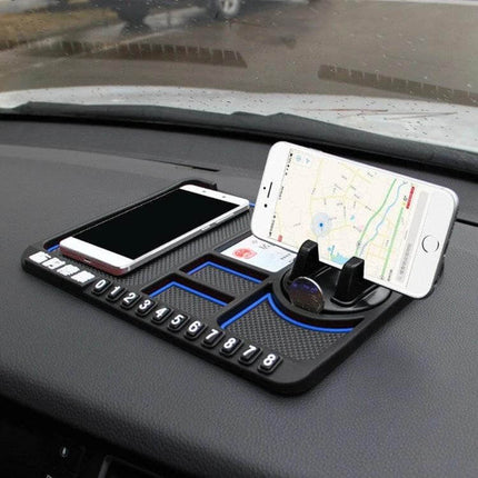Car Interior Phone Holder Pad, Anti Slip Organizer For Center Console on dashboard holding phone, coins and cables, black PVC anti-slip pad