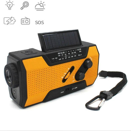 Hand Crank Solar Powered Emergency Radio with Flashlight and Weather Alert - yellow portable NOAA AM/FM radio with solar panel, hand crank and USB phone charging