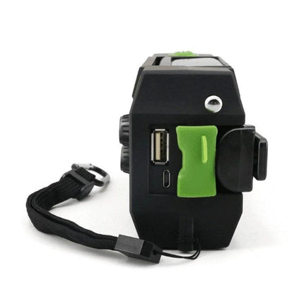 Hand Crank Solar Powered Emergency Radio with Flashlight and Weather Alert - side view showing USB port, crank handle and wrist strap