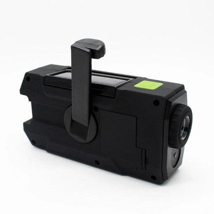 Hand Crank Solar Powered Emergency Radio with Flashlight and Weather Alert shown with crank, solar panel, USB charging port and flashlight