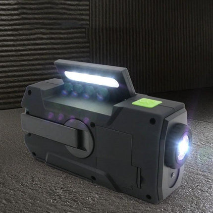 Hand Crank Solar Powered Emergency Radio with Flashlight and Weather Alert showing LED flashlight, crank handle and solar panel