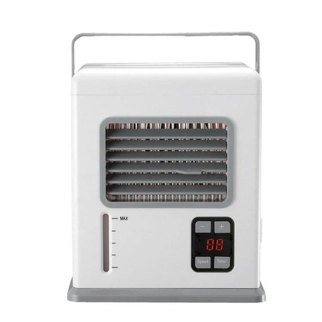 Compact Desktop Air Cooler for Portable Home and Office Use with Dual Power Options – white compact unit on desk with digital controls