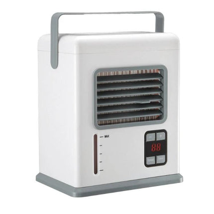 Compact Desktop Air Cooler for Portable Home and Office Use with Dual Power Options on desk, white portable unit with handle and digital display
