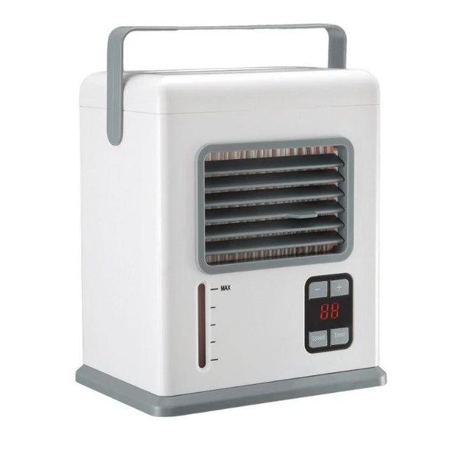 Compact Desktop Air Cooler for Portable Home and Office Use with Dual Power Options - white portable desk cooler with handle and digital controls