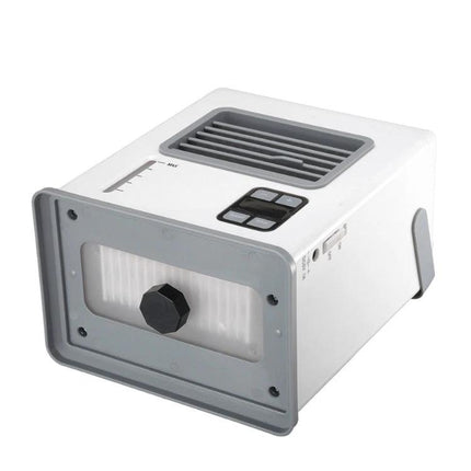 Compact Desktop Air Cooler for Portable Home and Office Use with Dual Power Options - white compact desktop cooler with vent and control buttons