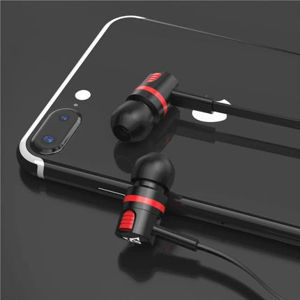 Wired In Ear Headphones With Microphone 3.5mm Jack For Daily Use black red earbuds on smartphone, wired audio, commuting