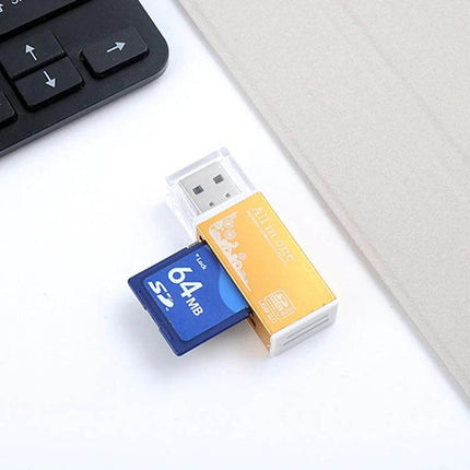 Multi-Card SD Reader for Various Memory Formats and Cards USB SD card reader with metal shell and 64MB SD card for photographers on the go