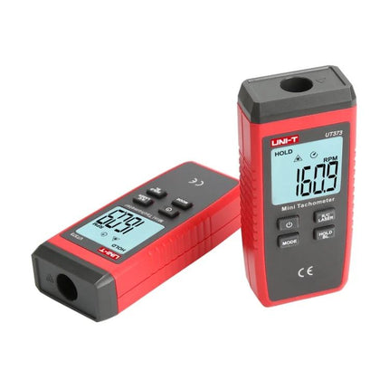 Non-Contact Laser Tachometer for Motor and Machine Speed Measurement - red handheld laser tachometer showing RPM display