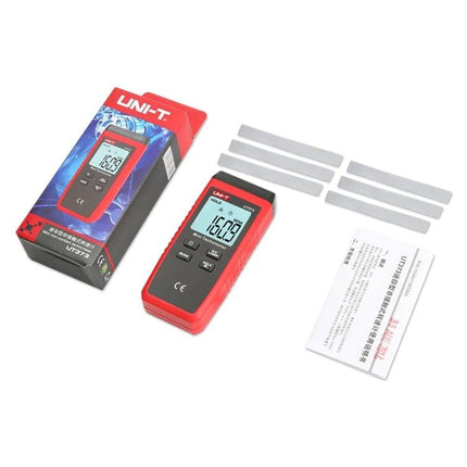 Non-Contact Laser Tachometer for Motor and Machine Speed Measurement showing red handheld unit, reflective tape and packaging