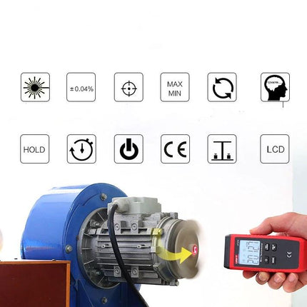 Non-Contact Laser Tachometer for Motor and Machine Speed Measurement - technician measuring motor RPM safely at 50–200mm distance