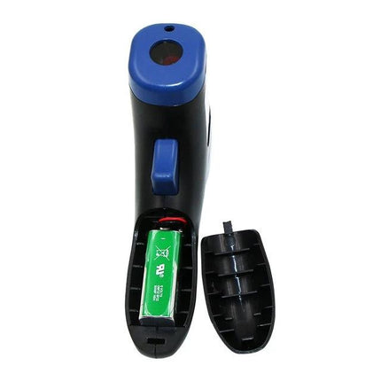 Portable Handheld Non-Contact Digital Tachometer for Motor Speed Measurement compact plastic body with open battery compartment and battery visible