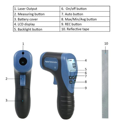 Portable Handheld Non-Contact Digital Tachometer for Motor Speed Measurement showing labeled parts, LCD, buttons and reflective tape
