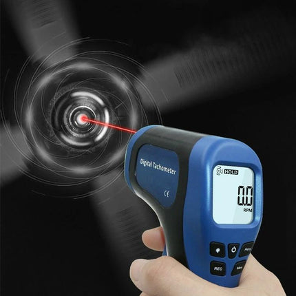 Portable Handheld Non-Contact Digital Tachometer for Motor Speed Measurement handheld blue tachometer pointing laser at spinning motor showing digital RPM display