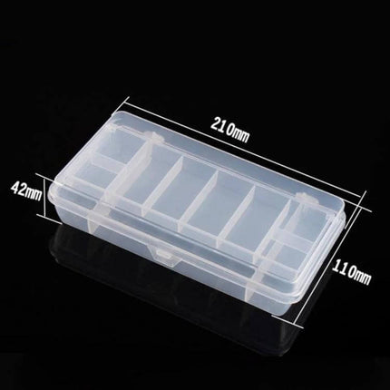 Clear plastic Fishing Bait Box With Two-Tier Tray Storage For Tackle showing dimensions 210mm x 110mm x 42mm with partitioned compartments