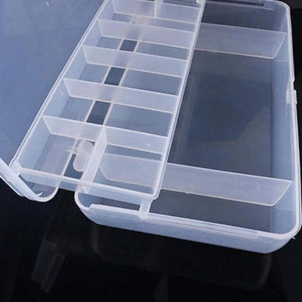 Fishing Bait Box With Two-Tier Tray Storage For Tackle clear plastic organizer showing divided upper tray and larger lower compartments for hooks and baits