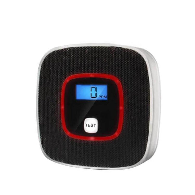 Home Safety Carbon Monoxide Detector with Voice Alert showing digital 0 PPM display, red alert ring and test button for kitchen or bathroom mounting