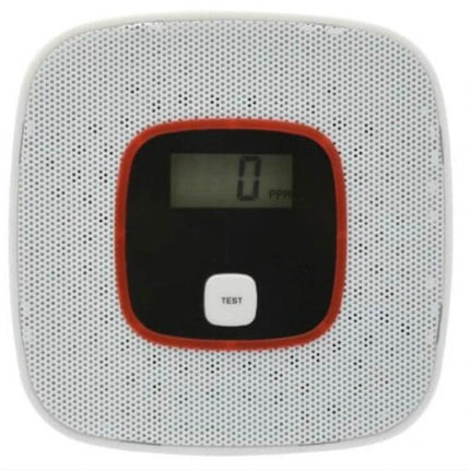 Home Safety Carbon Monoxide Detector with Voice Alert showing digital display reading 0 PPM and test button